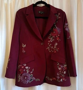 DG2 Diane Gilman Burgundy Floral Embroidered 1 Button Blazer Size M - Picture 1 of 9