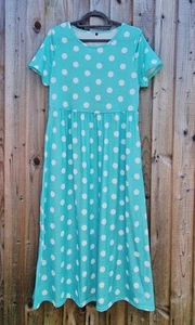 New Women's Mint Turquoise Polka Dot Long Dress Size L UK 12-14 Side Pockets - Picture 1 of 8