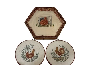Vintage Chicken Rooster Cross Stitch Wall Hangings Set of 3 Farmhouse Country - Picture 1 of 9