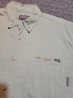 Woolrich Sz MED Button Up Shirt Tan Fly Fishing Lures Embroidery Short Sleeve  - Image 1 of 4