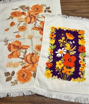 Juego de toallas de mano vintage algodón MCM 70s retro floral naranja algodón flecos usado en excelente estado Foto 1 de 4