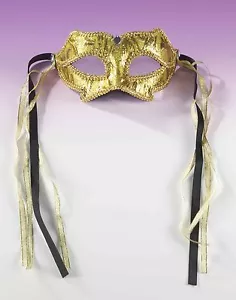 GOLD DAMASK VENETIAN STYLE MARDI GRAS MASQUERADE MASK w/ RIBBONS & RHINESTONES - Bild 1 von 1