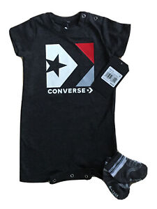 NWT CONVERSE Baby Boy Short Romper Black Heather; Size 6M or 9M, with Socks