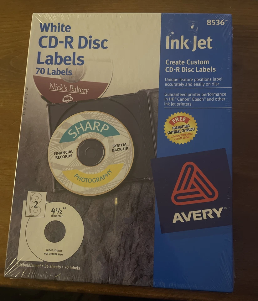 Avery 8536 CD-R Disc Labels - White 70 Labels Box 4 1/2" Inkjet - NEW IN BOX!  - Image 1 of 4
