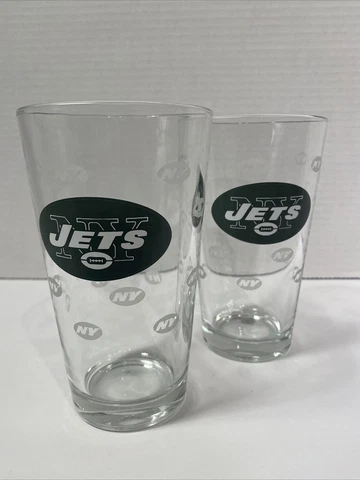 2~New York Jets NFL Clear Decorative Beer Glasses ~16oz Cover