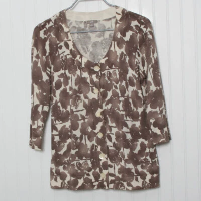 J Jill Brown Bieg 花卉大圆领 3/4 袖纽扣丝绸棉质开衫 Med — 第 1/4 张图片