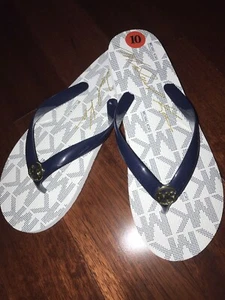 NWOB Michael Kors Signature MK Logo White/ Blue Flip Flop sz 10 - Picture 1 of 5