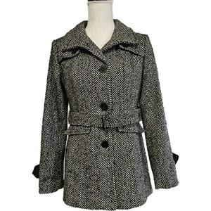 Nicole Miller Black And White Herringbone Belted Single Breasted Coat Size S - Picture 1 of 5