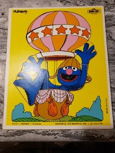 Vintage 1979 Playskool Sesame Street Grover Wooden Tray Puzzle Hot Air Balloon - Picture 1 of 3