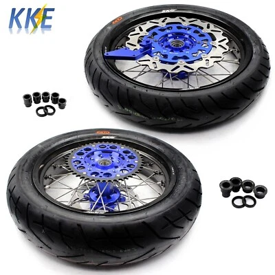 KKE 17" Supermoto Wheels Tire Fit Yamaha YZ125 YZ250 1999-2025 YZ250F 450F Blue - Image 1 of 4