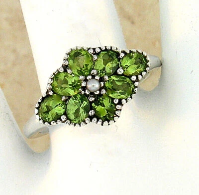 GENUINE PERIDOT & PEARL ANTIQUE STYLE 925 SOLID STERLING SILVER RING        419X - Image 1 of 4