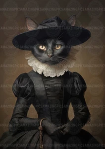 Victorian Black Cat Art Gothic Animal Portrait Witch Hat Dark Academia Decor E14 - Picture 1 of 1