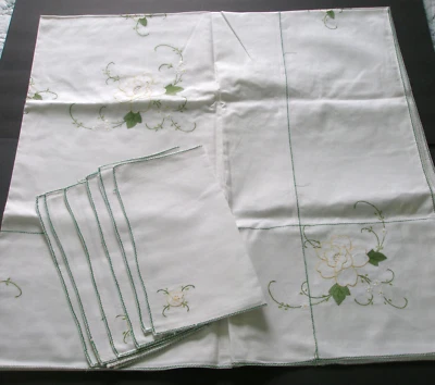 Embroidered Tablecloth 6 Napkins White Green Trim Floral - Image 1 of 4