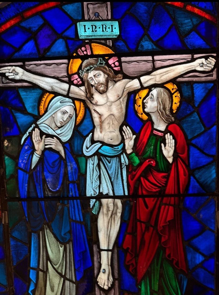 Lg Antique Stained Glass Church Window from Catholic Church Crucifixion 68”Dia - Image 1 of 4