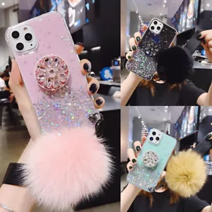 Bling Glitter Diamond Holder Plush Ball Case for Samsung S22 S21 S20 FE Note20 9 - Picture 1 of 16