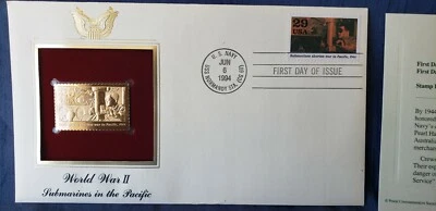 First Day of Issue of Original Stamp 22kt Gold WW2 Subs in the Pacific Mint - Image 1 of 2