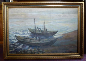 Großes Vintage signiertes Ölgemälde 1960er Jahre griechische Boote Lugieniun Grotte Slepikowki - Bild 1 von 9