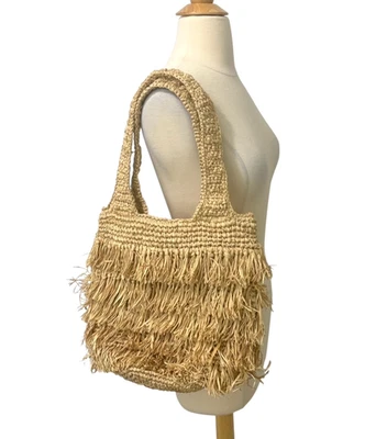 Lusana Anthropologie NWOT Fringe Raffia Tote Shoulder Bag Woven Straw Beach Boho - Image 1 of 4