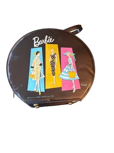 Vintage Barbie Round Black Vinyl Ponytail Case Mattel Fashion  Storage Display - Picture 1 of 7