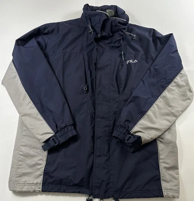 VTG FILA Men’s XL Blue White Rain Jacket Hooded Full Zip Lightweight Distressed - Image 1 of 4