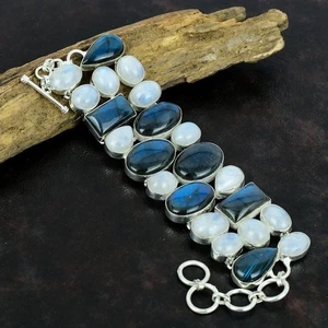 Natural Moon & Labra Gemstone Handmade 925 Sterling Silver Jewelry Bracelet - Picture 1 of 7
