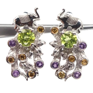 925 Sterling Silver 5 MM. Green Peridot, Amethyst & Citrine Handmade Earrings - Picture 1 of 4