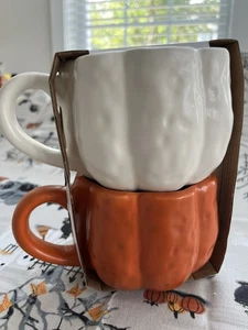 Bullseye's Playground Autumn Ceramic Pumpkin Mug Set Cream and Orange 2025 - Picture 1 of 3