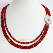 3 Rows Natural 6mm Red Coral Round Beads Necklace 18-20 Inch Shell Flower Clasp