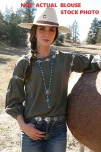 Cruel Denim Waffle Knit Top Sz L 16 Embroidered Blouse 7/8 Bell Sleeves Olive - Picture 1 of 12