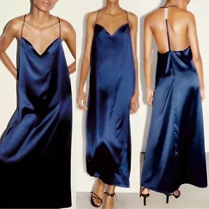 ZARA Blue Open Back Jewel Chain Satin Maxi Dress 0387/197/490 - M - Picture 1 of 9