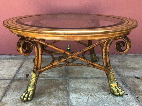 Maitland Smith Leather Top Bamboo Brass Claw Feet Coffee Table Cover