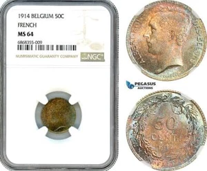 AJ148, Belgium, Albert I, 50 Centimes 1914, Brussels Mint, Silver, NGC MS64 - Picture 1 of 1