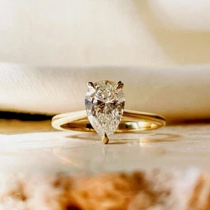 2Ct Pear-Cut VVS1 Moissanite Solitaire Engagement Ring 14K Yellow Gold Plated - Picture 1 of 4