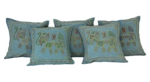 AamiraA Exotic Kantha Embroidery Elephant Blue Cushion Cover Decor Pillow Case - Picture 1 of 13