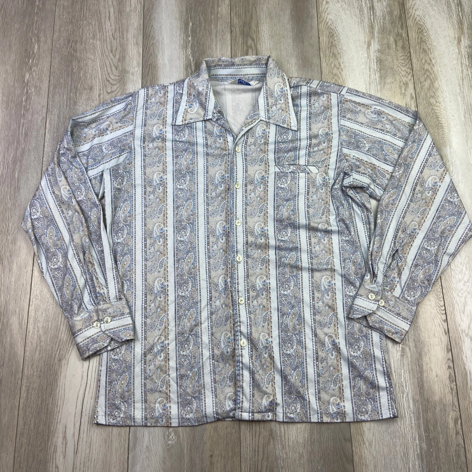 VINTAGE DaVinci Delfina Shirt Mens Large Blue Paisley Button Up Disco Men * - Image 1 of 4