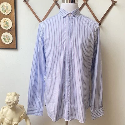 Camisa Roberto Just Cavalli a Rayas Oculta Abotonada Azul Púrpura Hecha en Italia 54 Foto 1 de 4