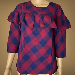 Crown & Ivy Womens T-Shirt Blouse Small S Red Blue Plaid Round Neck With Ruffle - Picture 1 of 18