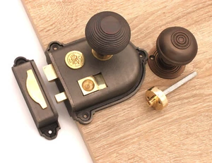 Cromwell Vintage Classic Cast Iron Period Rim Door Lock Latch Knob Handles Set - Picture 1 of 17