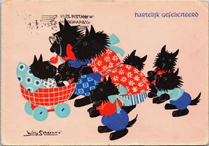 Postal de colección firmada por el artista Willy Schermeele familia de perros antroformórficos BP20 - Imagen 1 de 2