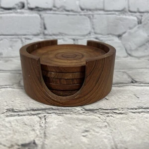 Vintage 5 Wood Coasters in Holder Round Retro MCM - Picture 1 of 7