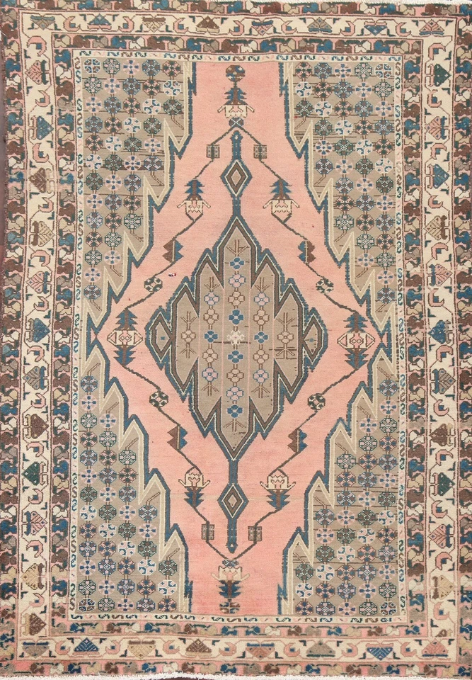 Vintage PINK Geometric Hamedan Area Rug Tribal Hand-knotted Oriental Carpet 5x6 - Image 1 of 4