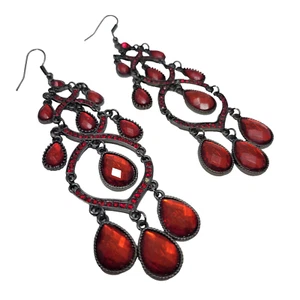 Chandelier Dangle Red Rhinestones Pierced Earrings 3 Inches - Picture 1 of 7