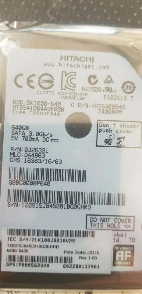 NEW Hitachi HTS541064A9E680 MLC DA4863 PN 0J26331 640GB SATA 2.5 Hard Drive - Image 1 of 1