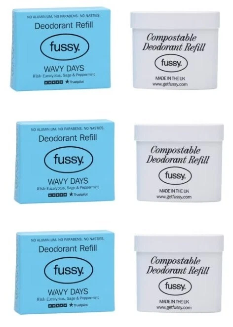3 x Fussy Deodorant Refills. Wavy Days Fragrance. Natural/Vegan Friendly.