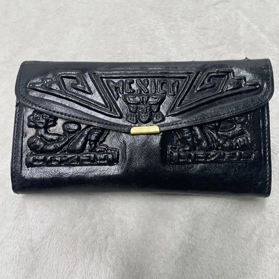 Винтажный тисненый кожаный бумажник дамский органайзер Мексика черное зеркало - Изображение 1 из 4