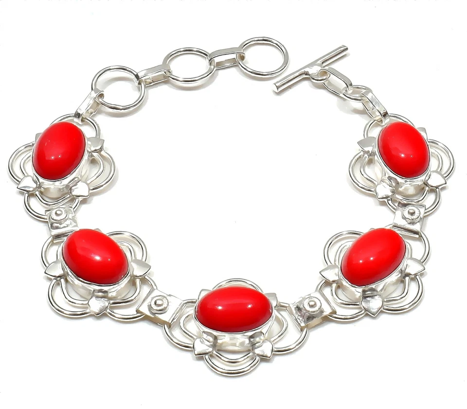 Brazalete de joyería de plata de ley 925 hecho a mano con piedras preciosas de coral rojo tamaño 7-8" Foto 1 de 1