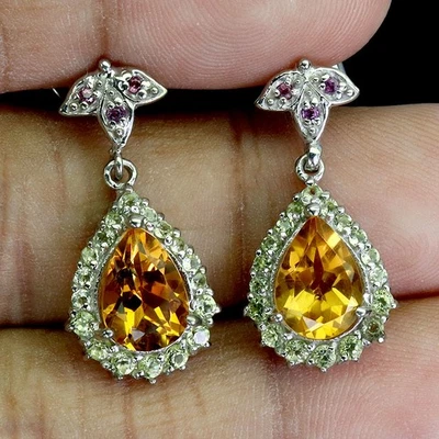 925 Sterling Silver Earrings Pear Citrine 10x7mm Rhodolite Gemstone Jewelry - Image 1 of 4
