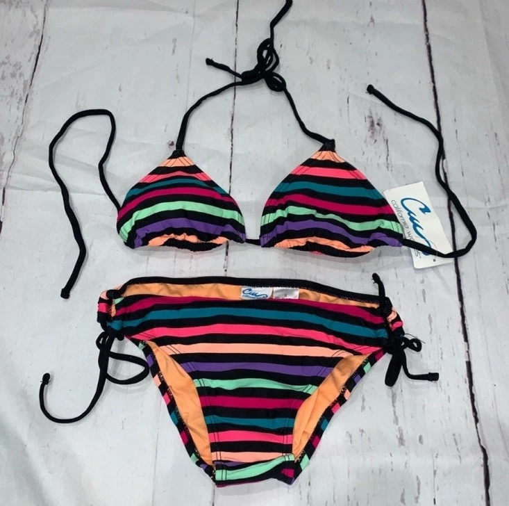 2件装加州曲线彩虹条纹三角上衣带比基尼泳装尺寸S — 第 1/4 张图片