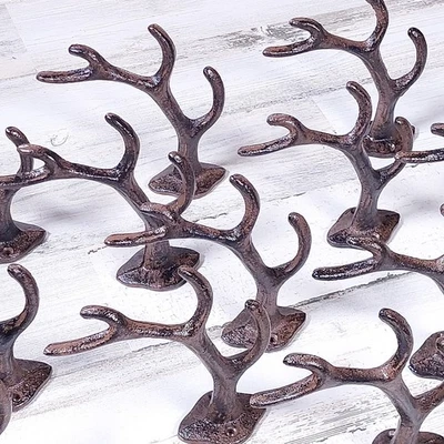 Juego de 12 ganchos de cuerno de hierro fundido 4 puntas ciervo alce cabina ganchos de pared abrigo sombrero estante Foto 1 de 4