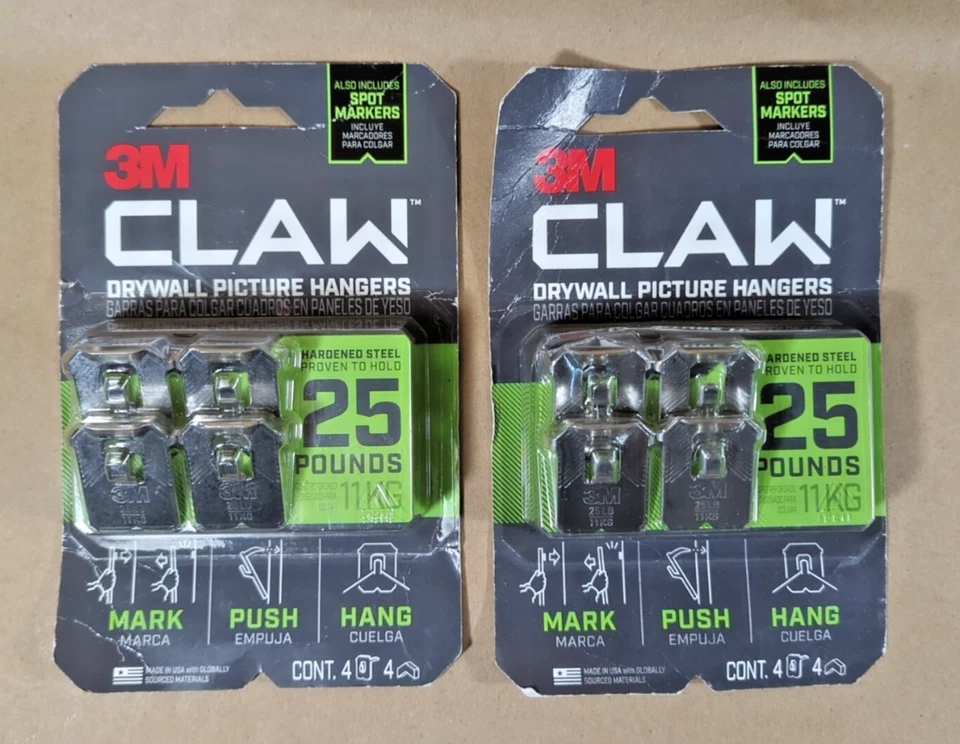 2 PACKS -3M Claw Drywall Picture Hangers Holds 25 Pounds 4 Count Each Pack